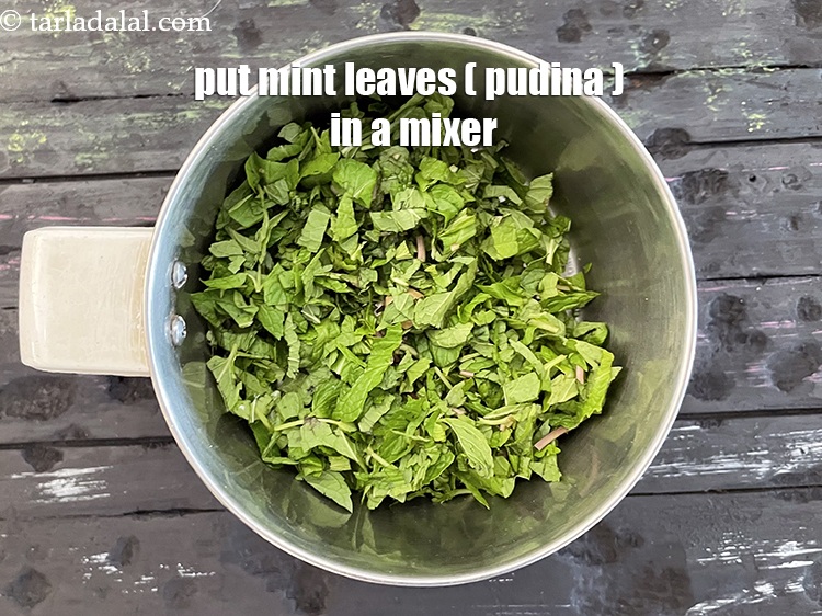 Step 12 – In a mixer put&nbsp;<meta charset="UTF-8" />1/2 cup&nbsp;<a href="glossary-mint-leaves-pudina-phudina-521i">mint leaves (pudina)</a>.