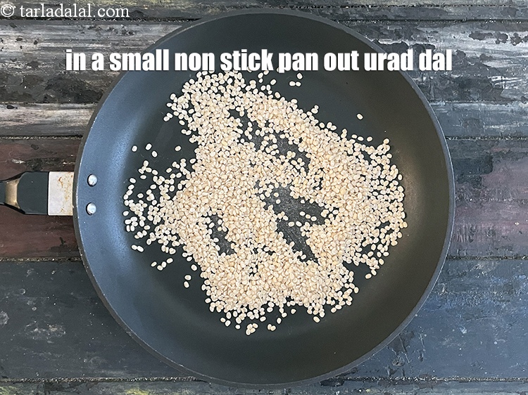 Step 3 – In small non-stick pan put&nbsp;<meta charset="UTF-8" />1/4 cup&nbsp;<a href="glossary-urad-dal-split-black-lentil-941i">urad dal (split black lentils)</a>.