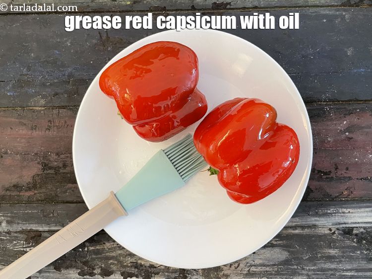 Step 7 – To make roasted capsicum, brush the red capsicum (same for yellow and green) with oil. …
