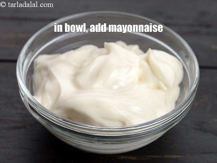 Step 4 – In a bowl, add 1/2 cup <a href="https://www.tarladalal.com/glossary-mayonnaise-505i">mayonnaise</a>.