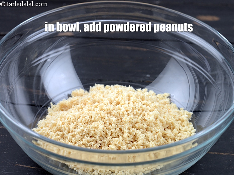 Step 3 – To make <strong>peanut tikki</strong>, in a deep bowl, add 1/2 cup <a href="https://www.tarladalal.com/glossary-roasted-and-powdered-peanuts-2212i">roasted and powdered …