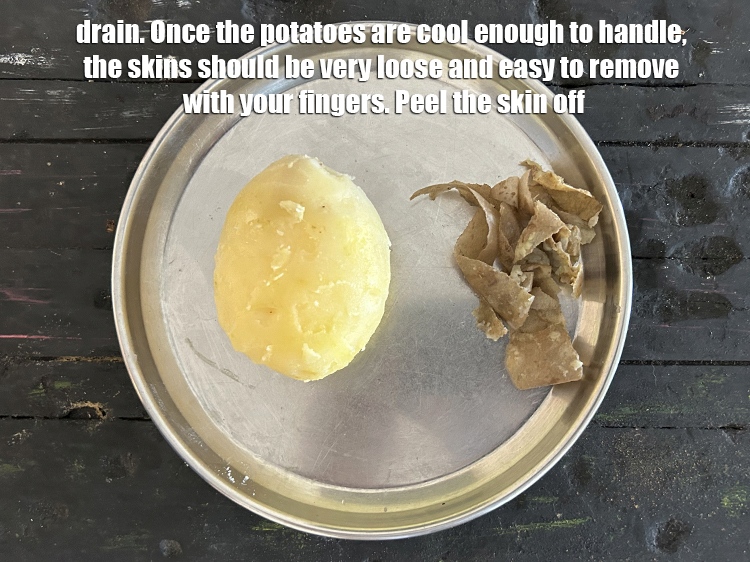 Step 4 – Drain.&nbsp;Once the potatoes are cool enough to handle, the skins should be very loose and …