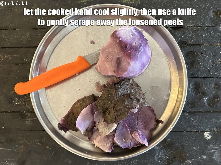 Step 4 – Let the cooked kand cool slightly, then use a knife to gently scrape away the …