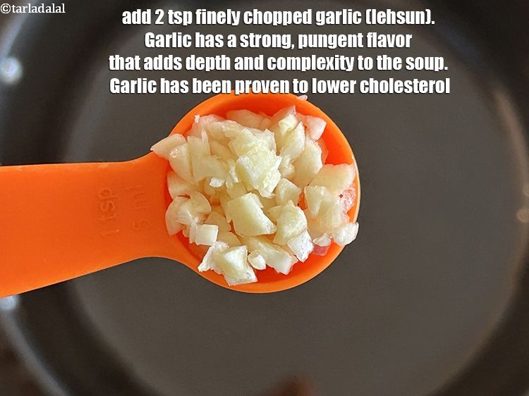 Step 4 – Add&nbsp;2 tsp finely <strong><a href="https://www.tarladalal.com/glossary-chopped-garlic-790i">chopped garlic (lehsun)</a>.&nbsp;</strong><meta charset="UTF-8" />Garlic has a strong, pungent flavor that …