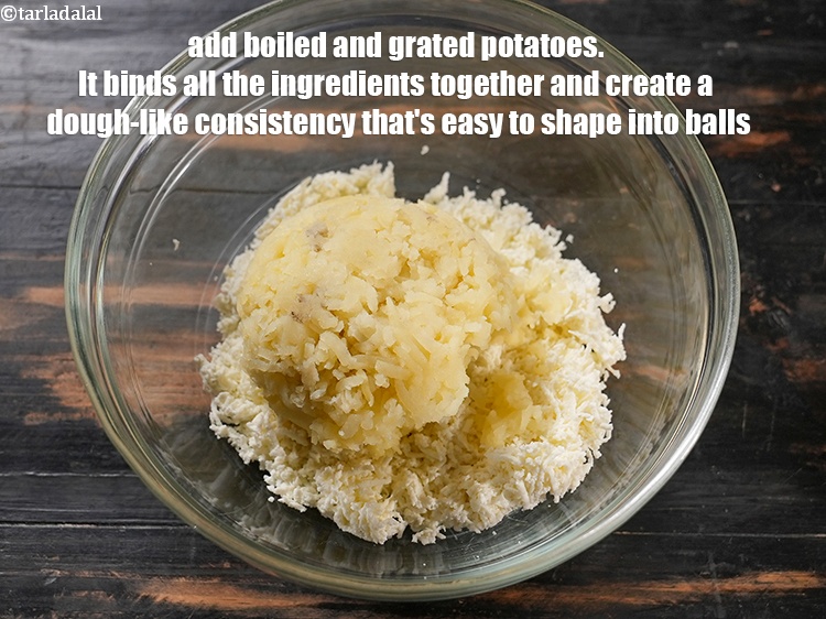 Step 5 – Add 1 cup boiled and <a href="https://www.tarladalal.com/glossary-grated-potatoes-867i">grated potatoes</a>. Boiled and mashed potatoes form the base …