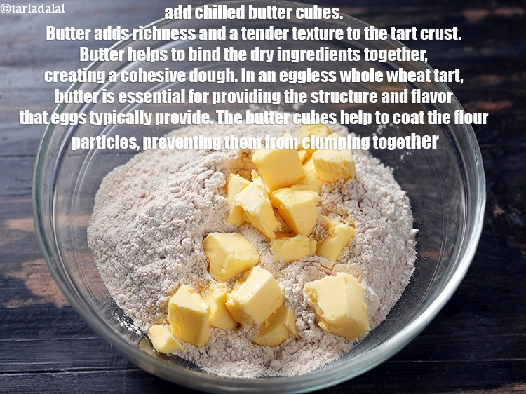 Step 4 – Add &frac34; cup chilled&nbsp;<a href="https://www.tarladalal.com/glossary-butter-cubes-1504i">butter cubes</a>.