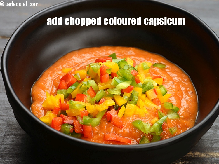 Step 4 – Add 5 tbsp <a href="https://www.tarladalal.com/glossary-chopped-coloured-capsicum-2800i">chopped coloured capsicum</a>.