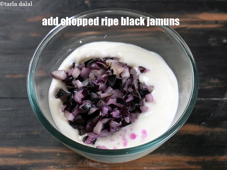 Step 4 – Add &frac12; cup deseeded and <a href="https://www.tarladalal.com/glossary-chopped-black-jamun-1139i">chopped ripe black jamuns</a>.&nbsp;