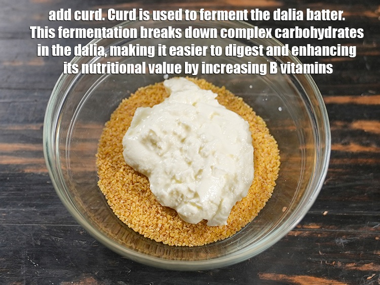 Step 5 – Add &frac34; cup <a href="https://www.tarladalal.com/glossary-curd-dahi-yogurt-yoghurt-383i">curd (dahi)</a>. Curd is used to ferment the dalia batter. This …