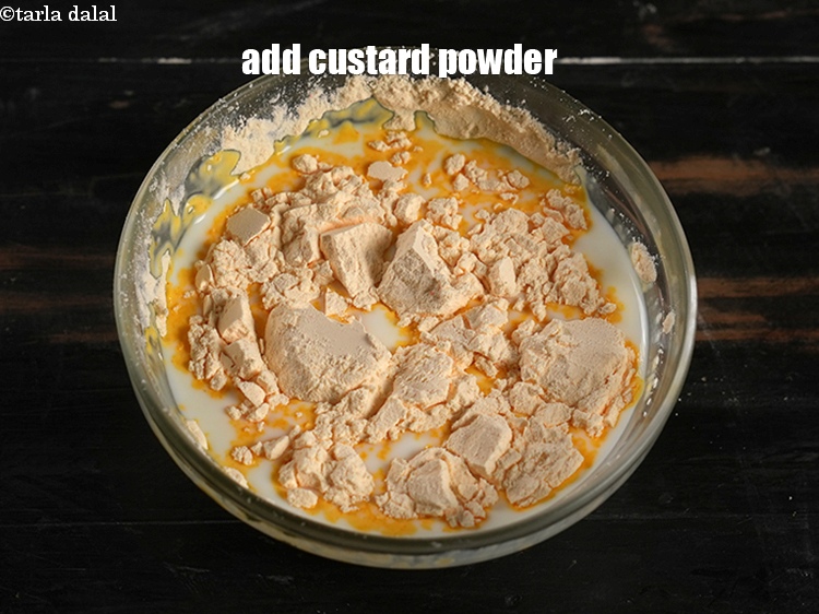 Step 4 – Add 4 tbsp&nbsp;<a href="https://www.tarladalal.com/glossary-custard-powder-512i">custard powder</a>.