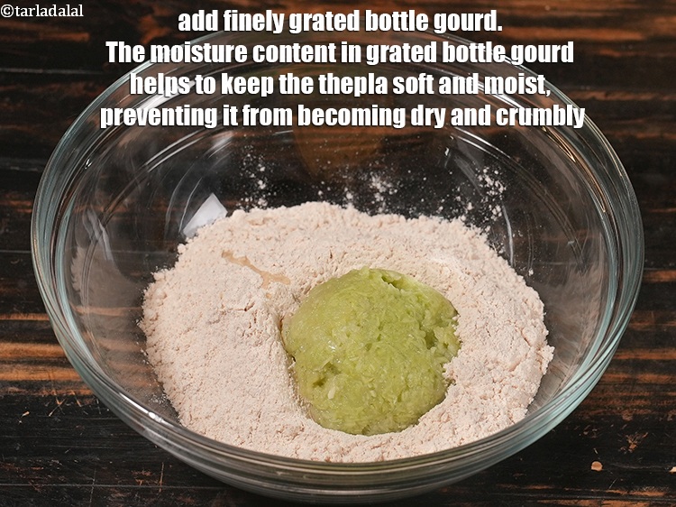 Step 4 – Add &frac12; cup finely&nbsp;<a href="https://www.tarladalal.com/glossary-grated-bottle-gourd-1048i">grated bottle gourd (doodhi / lauki)</a>. The moisture content in grated …