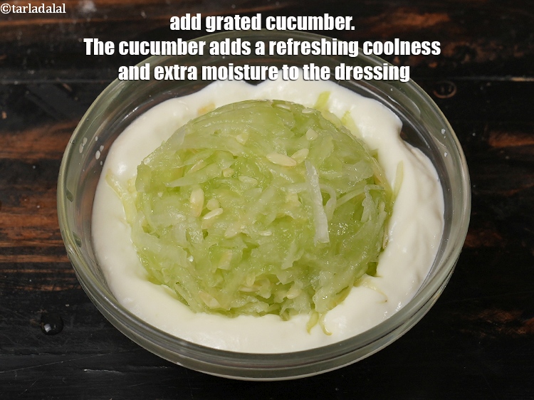 Step 4 – Add &frac12; cup <a href="https://www.tarladalal.com/glossary-grated-cucumber-1058i">grated cucumber</a>. The cucumber adds a refreshing coolness and extra moisture …