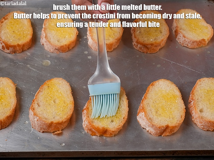 Step 4 – Brush them with a little <a href="https://www.tarladalal.com/glossary-melted-butter-1941i">melted butter</a>. Butter helps to prevent the crostini from …