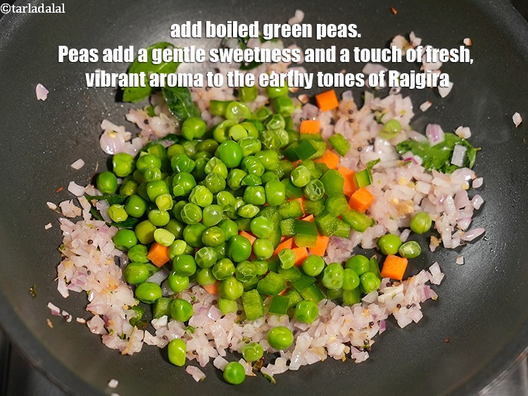 Step 22 – Add &frac14; cup <a href="https://www.tarladalal.com/glossary-boiled-green-peas-1078i">boiled green peas</a>. Peas add a gentle sweetness and a touch …