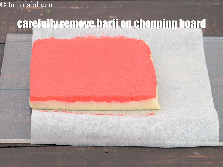 Step 22 – Carefully remove the barfi on the chopping board.