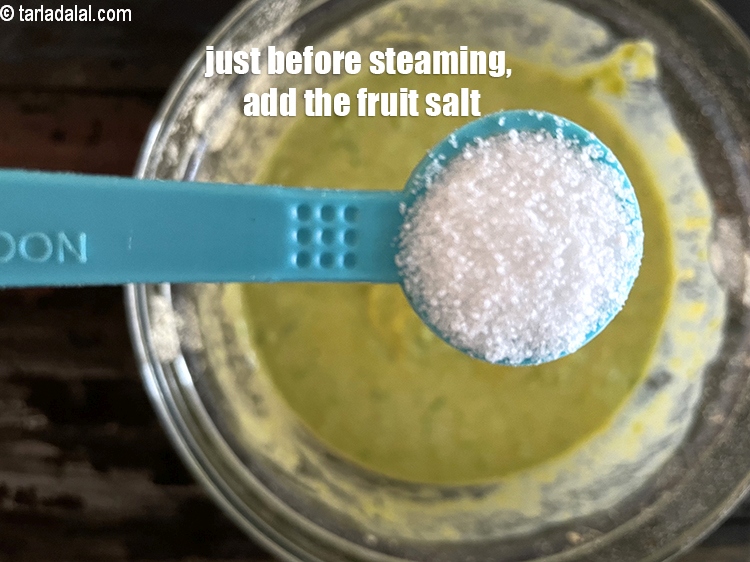 Step 22 – Just before steaming, add&nbsp;<meta charset="UTF-8" />1&nbsp;tsp&nbsp;<a href="glossary-fruit-salt-420i">fruit salt</a>&nbsp;to the batter.