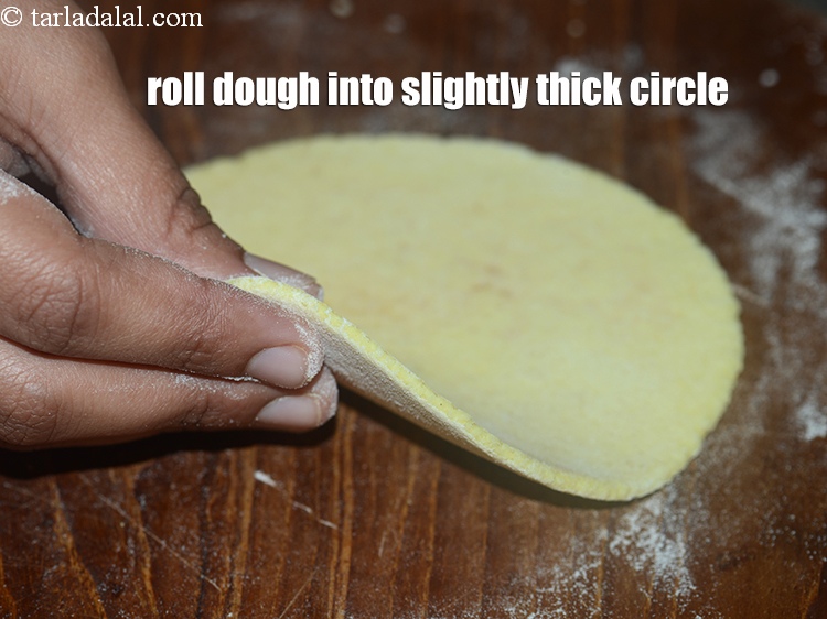 Step 25 – Roll the dough into slightly thick 100 mm. (4&rsquo;&rsquo;) diameter circle using little plain flour …