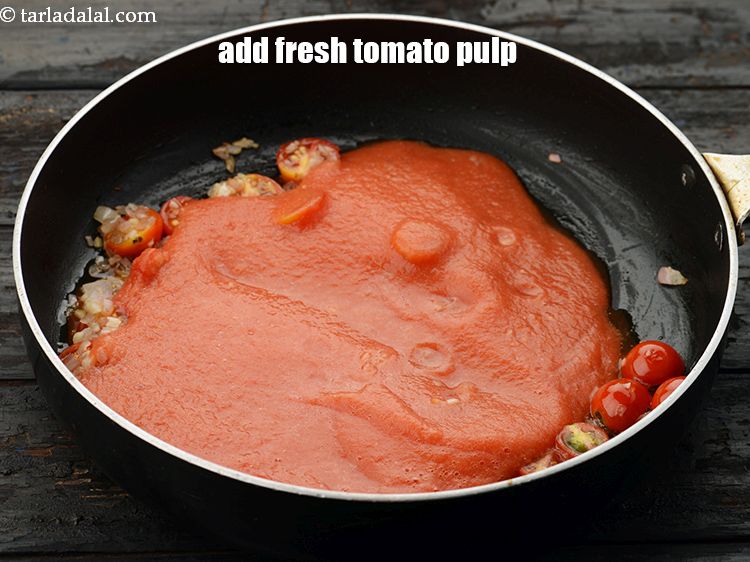 Step 22 – Add 1 1/2 cups&nbsp;fresh&nbsp;<a href="https://www.tarladalal.com/glossary-tomato-pulp-tamatar-ka-pulp-1039i">tomato pulp</a>. See above ho to make it in a perfect …