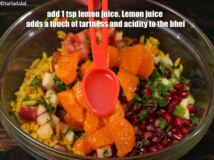 Step 25 – Add <strong>1&nbsp;tsp&nbsp;<a href="glossary-lemon-juice-numbi-ka-ras-nimbu-ka-juice-471i">lemon juice</a>.&nbsp;</strong>Lemon juice adds a touch of tartness and acidity to the bhel. …