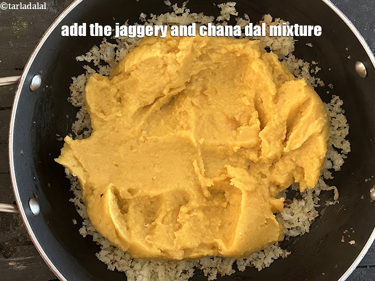 Step 23 – Add the jaggery and chana dal mixture.