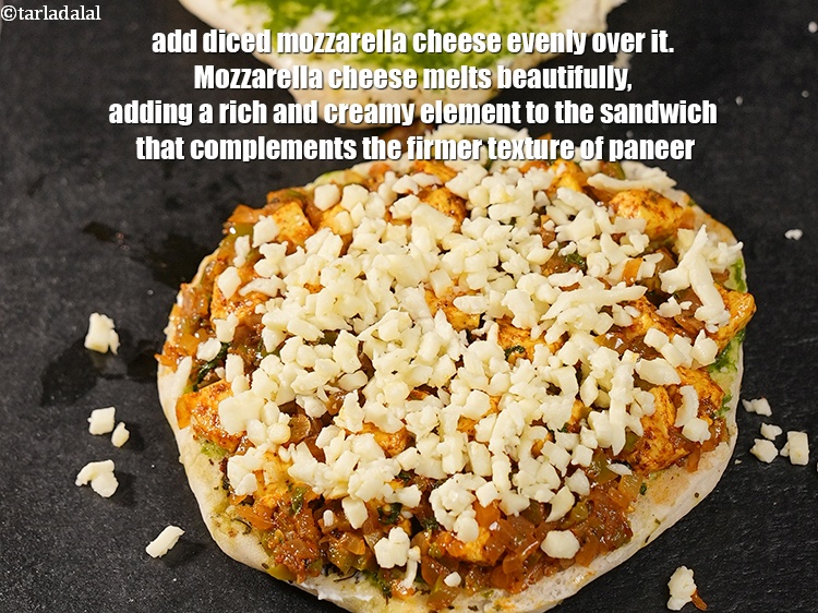 Step 23 – Add 2 tbsp of <a href="https://www.tarladalal.com/glossary-diced-mozzarella-cheese-2805i">diced mozzarella cheese</a> evenly over it. Mozzarella cheese melts beautifully, …