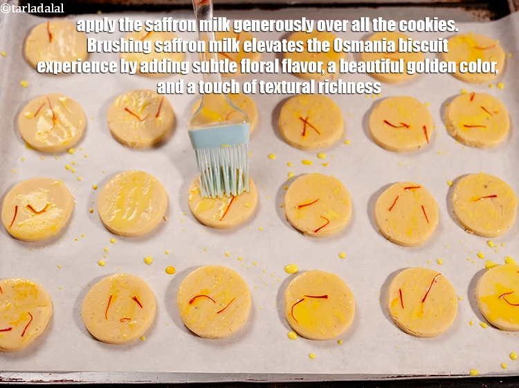Step 23 – Apply the saffron milk generously over all the cookies. Brushing saffron milk elevates the Osmania …
