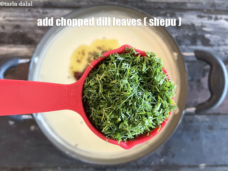 Step 23 – Add&nbsp;<meta charset="UTF-8" />1/4 cup&nbsp;<a href="glossary-chopped-dill-leaves-1849i">chopped dill leaves</a>&nbsp;(shepu / suva bhaji).