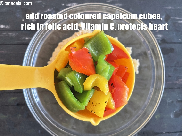Step 23 – Add <strong>2&nbsp;cups </strong>roasted coloured capsicum cubes.&nbsp;Rich in&nbsp;<a href="https://www.tarladalal.com/recipes-for-Vitamin-C-Rich-Indian-Recipes-804">vitamin C</a>,&nbsp;capsicum&nbsp;protect and maintain the lining of the …
