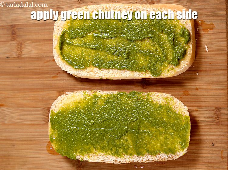 Step 27 – Apply 1 tsp of <a href="https://www.tarladalal.com/green-chutney-22266r">green chutney</a> on each side.