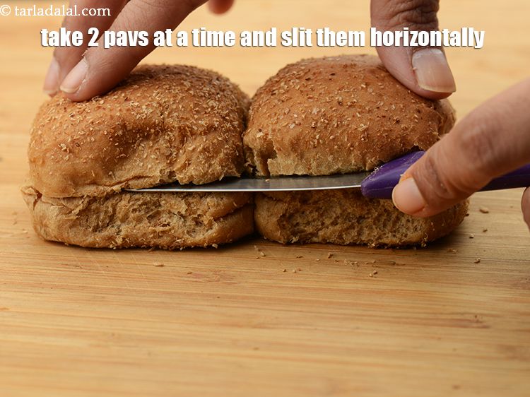 Step 28 – Take 6&nbsp;whole wheat&nbsp;<a href="https://www.tarladalal.com/glossary-ladi-pav-pav-bun-pav-228i">ladi pav</a> at a time and slit them horizontally. Use a serrated …