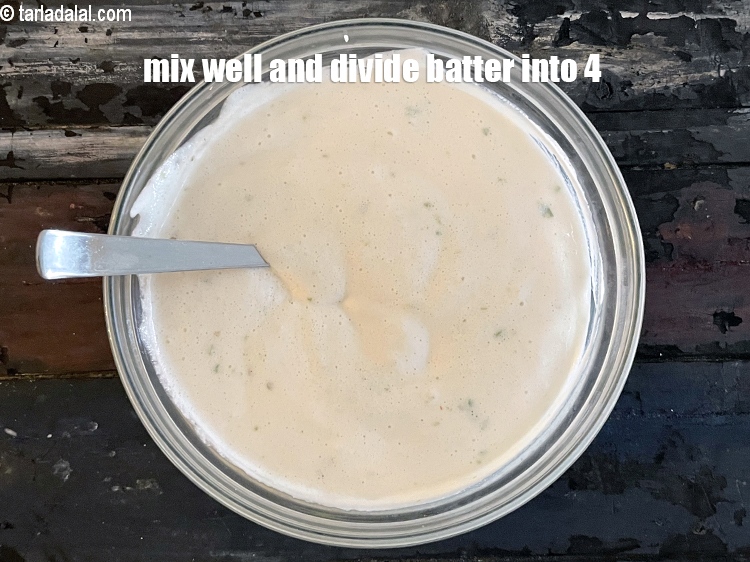 Step 23 – Mix well.&nbsp;Divide the batter into 4 equal portions.