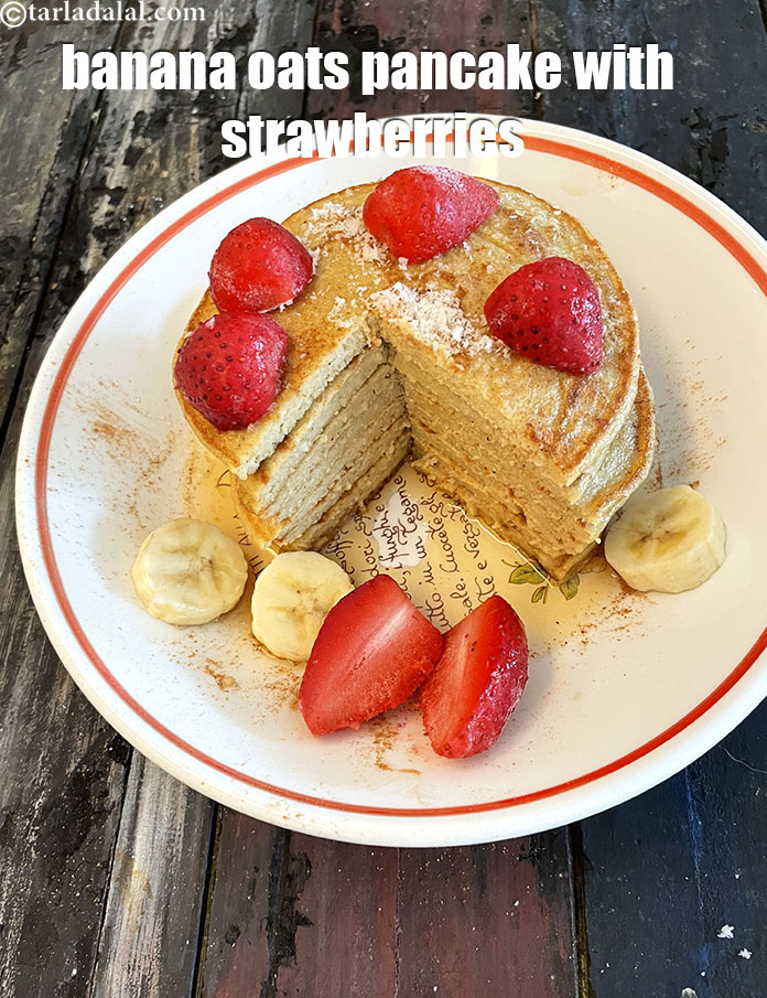 Step 29 – Top&nbsp;&nbsp;banana oats pancake with fresh or frozen strawberries. I now buy frozen strawberries in India …