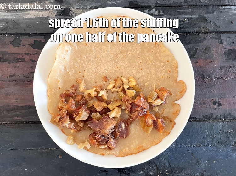 Step 25 – Spread 1/6 the of the date and nut stuffing on one half of the pancake.
