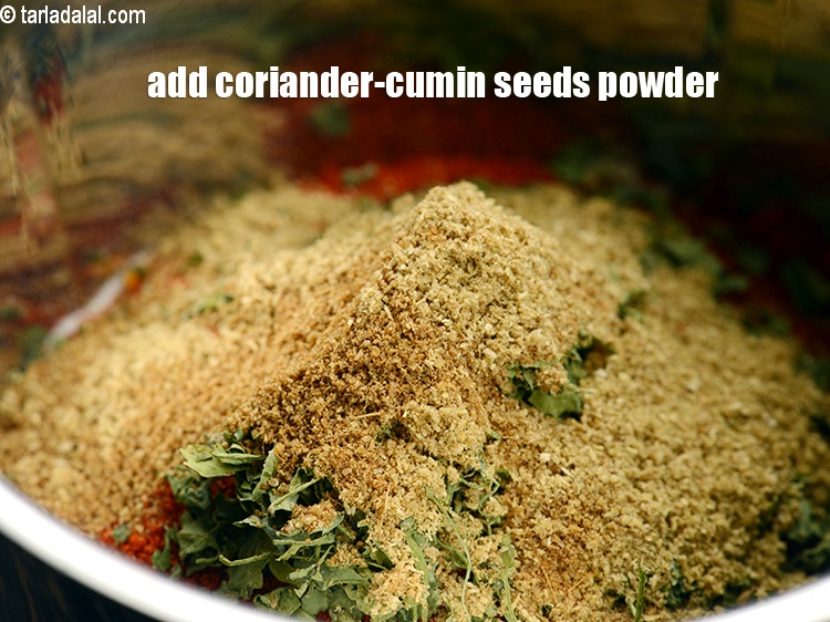 Step 24 – Add 2 tsp <a href="https://www.tarladalal.com/glossary-coriander-cumin-seeds-powder-dhania-jeera-powder-375i">coriander-cumin seeds (dhania-jeera) powder</a>.