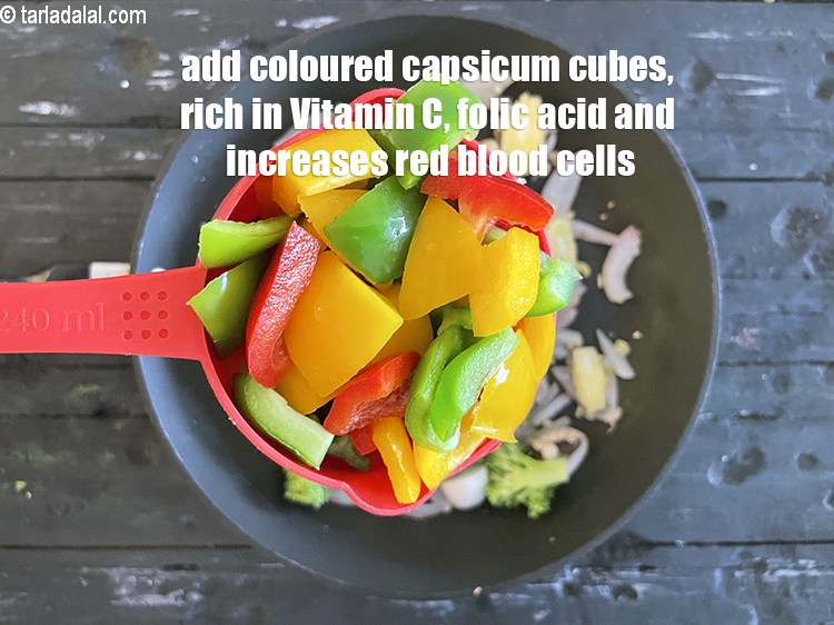 Step 25 – Add&nbsp;<meta charset="UTF-8" />1&nbsp;cup&nbsp;coloured &nbsp;capsicum cubes.&nbsp;Rich in&nbsp;<a href="https://www.tarladalal.com/recipes-for-Vitamin-C-Rich-Indian-Recipes-804">vitamin C</a>,&nbsp;<strong>capsicum</strong>&nbsp;protect and maintain the lining of the heart. …