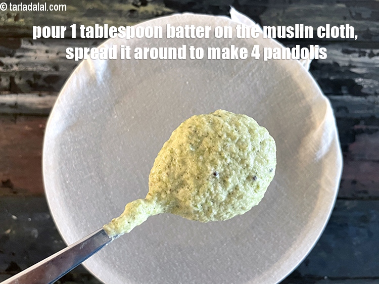 Step 33 – Pour 1 &nbsp;tbsp of the batter on the muslin cloth at regular intervals.&nbsp;