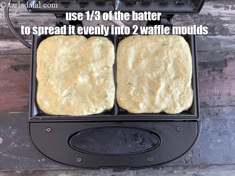 Step 26 – <meta charset="UTF-8" /> Use 1/3 of the batter to spread it evenly into 2 waffle …