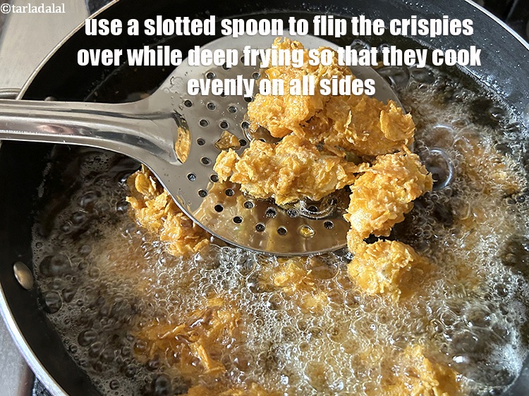 Step 24 – Use a slotted spoon to flip the crispies over while deep frying so that they …