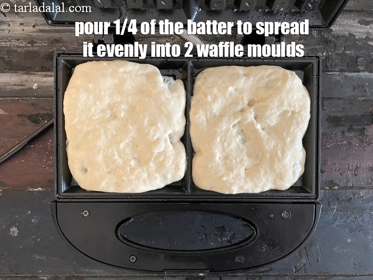 Step 28 – Pour 1/4 of the batter to spread it evenly into 2 waffle moulds.