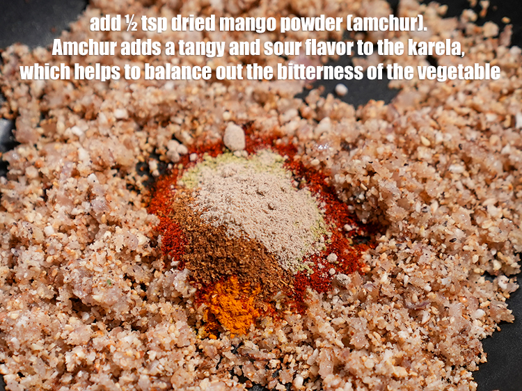 स्टेप 43 – १/४ टी-स्पून&nbsp;<a href=""https://www.tarladalal.com/glossary-dried-mango-powder-amchur-powder-hindi-148i"">अमचूर</a>&nbsp;&nbsp;डालें ।&nbsp;अमचूर करेले में तीखा और खट्टा स्वाद …