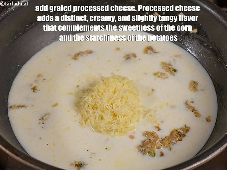 Step 25 – Add &frac14; cup <a href="https://www.tarladalal.com/glossary-grated-processed-cheese-868i">grated processed cheese</a>. Processed cheese adds a distinct, creamy, and slightly …