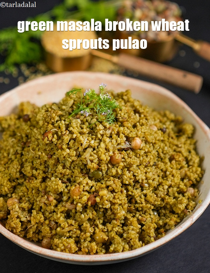 Step 25 – Serve <strong>hariyali mixed sprouts dalia pulao</strong> hot.