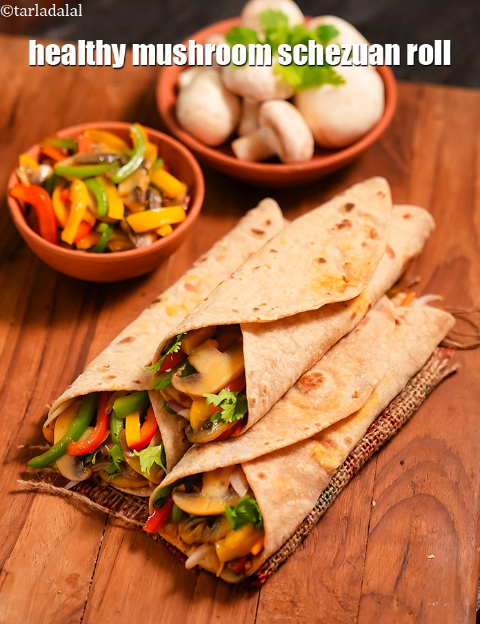 Step 25 – Serve <strong>mushroom schezwan wrap recipe&nbsp;|&nbsp;healthy mushroom schezuan roll&nbsp;|&nbsp;mushroom schezwan frankie&nbsp;|</strong> immediately.