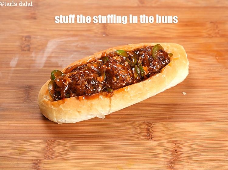 Step 30 – Stuff the manchurian stuffing in the hot dog buns.