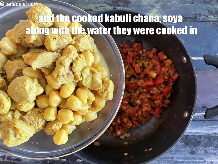 Step 35 – <meta charset="UTF-8" />Add the cooked kabuli chana-soya nugget mixture (along with the water they were …