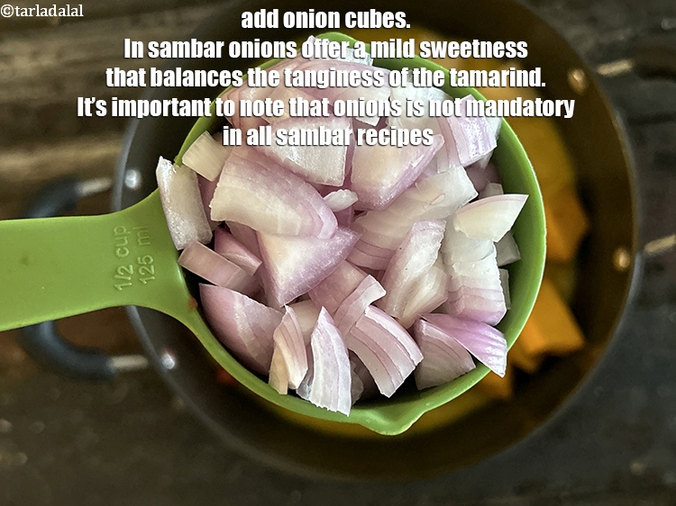 Step 27 – <html><head></head><body><p>Add&nbsp;1/2 cup&nbsp;<a href="glossary-onion-cubes-732i">onion cubes</a>.&nbsp;&nbsp;In sambar,&nbsp;onions add a&nbsp;<strong>mild sweetness</strong>&nbsp;that balances the tanginess of the tamarind and …
