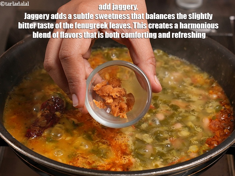 Step 26 – Add 1 tsp <a href="https://www.tarladalal.com/glossary-jaggery-gur-gud-kala-gud-477i">jaggery (gur)</a>. Jaggery adds a subtle sweetness that balances the slightly …