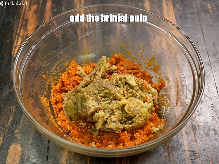 Step 25 – Add the brinjal pulp.