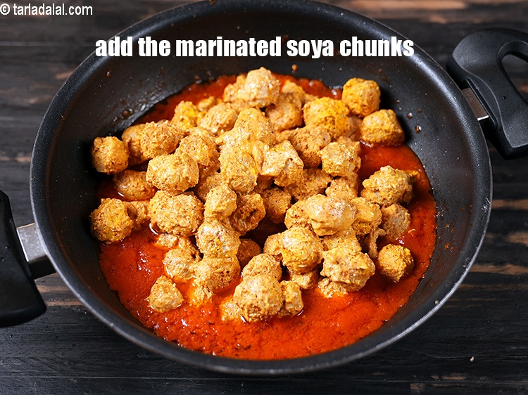 Step 26 – Add the marinated soya chunks.