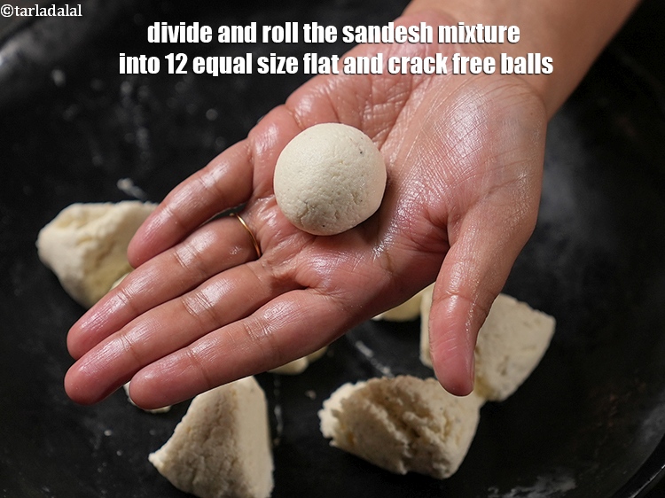 Step 26 – Divide and roll the sandesh mixture into 12 equal size flat and crack free balls.